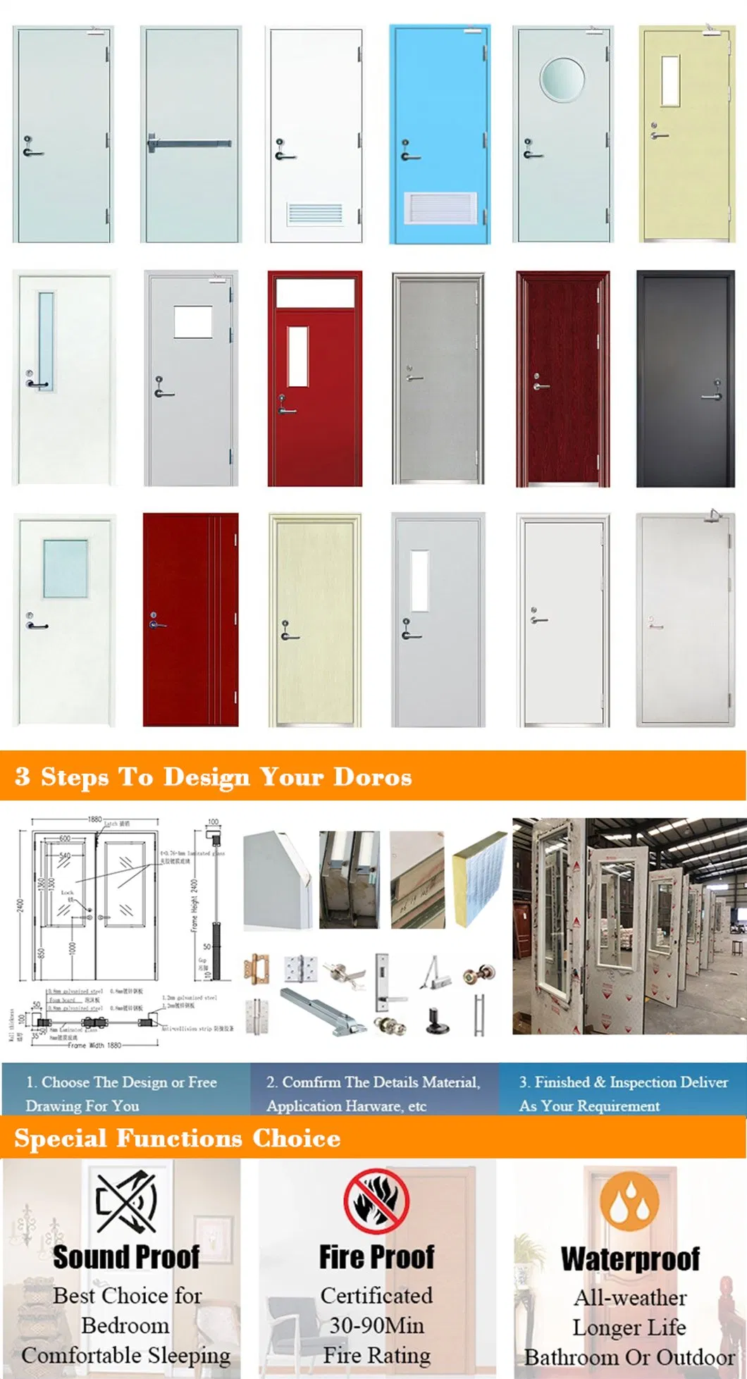 Cheap House Metal Frame Wood Doors Design Interior American Steel Wooden Door