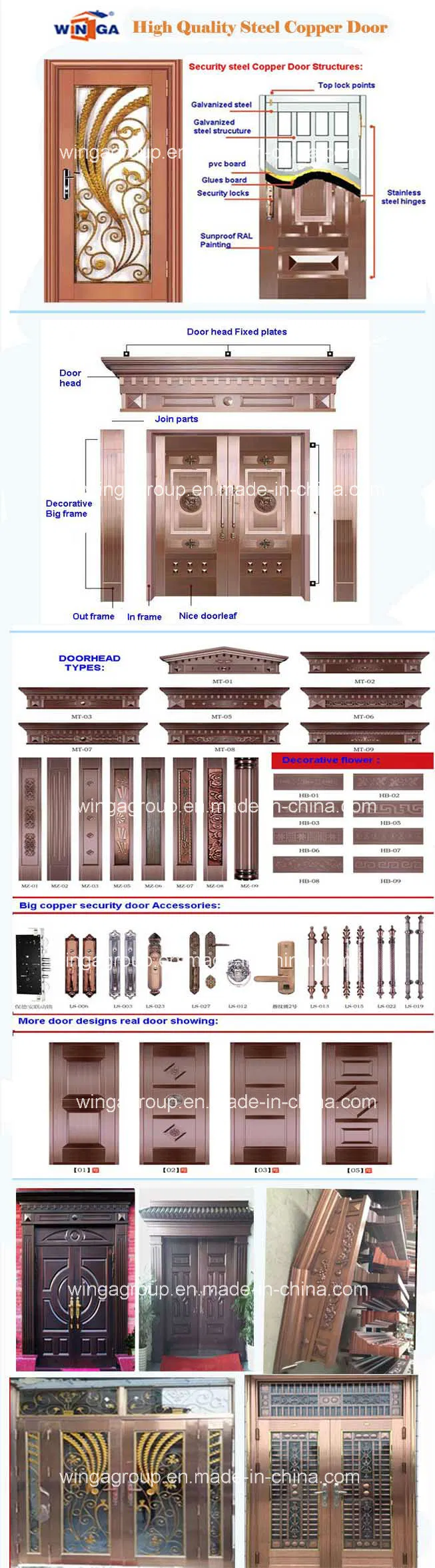 Double Size Nice Design Security Steel Metal Copper Door Wg-CD-02