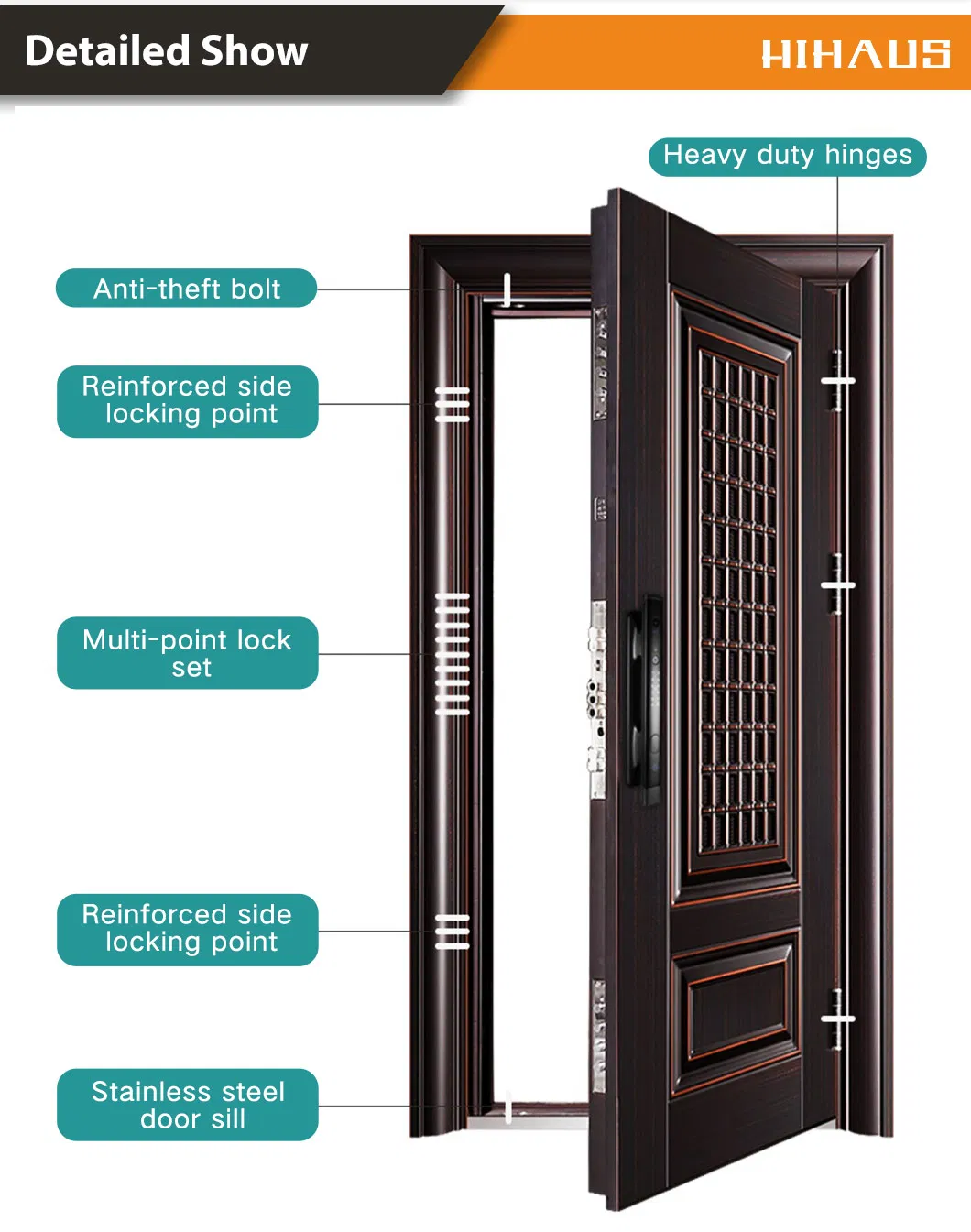 New Design House Exterior Entry Turkey Bulletproof Iron Single Solid Wood Metal Stainless Steel Turkish Safety Entrance Front Main Security Door