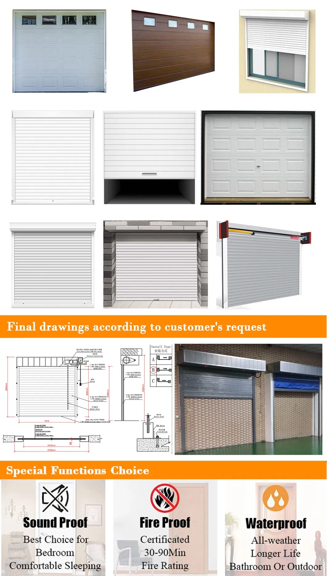 Professional Roll up Aluminum Panel Overhead Door Wood Garage Doo