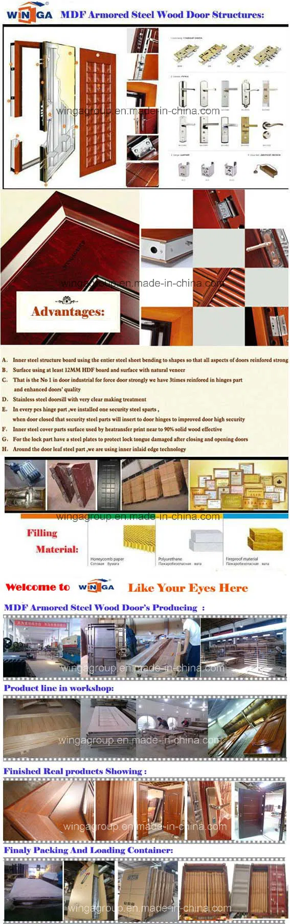 South America Villa Outside MDF Steel Wood Armored Door (W-A11)